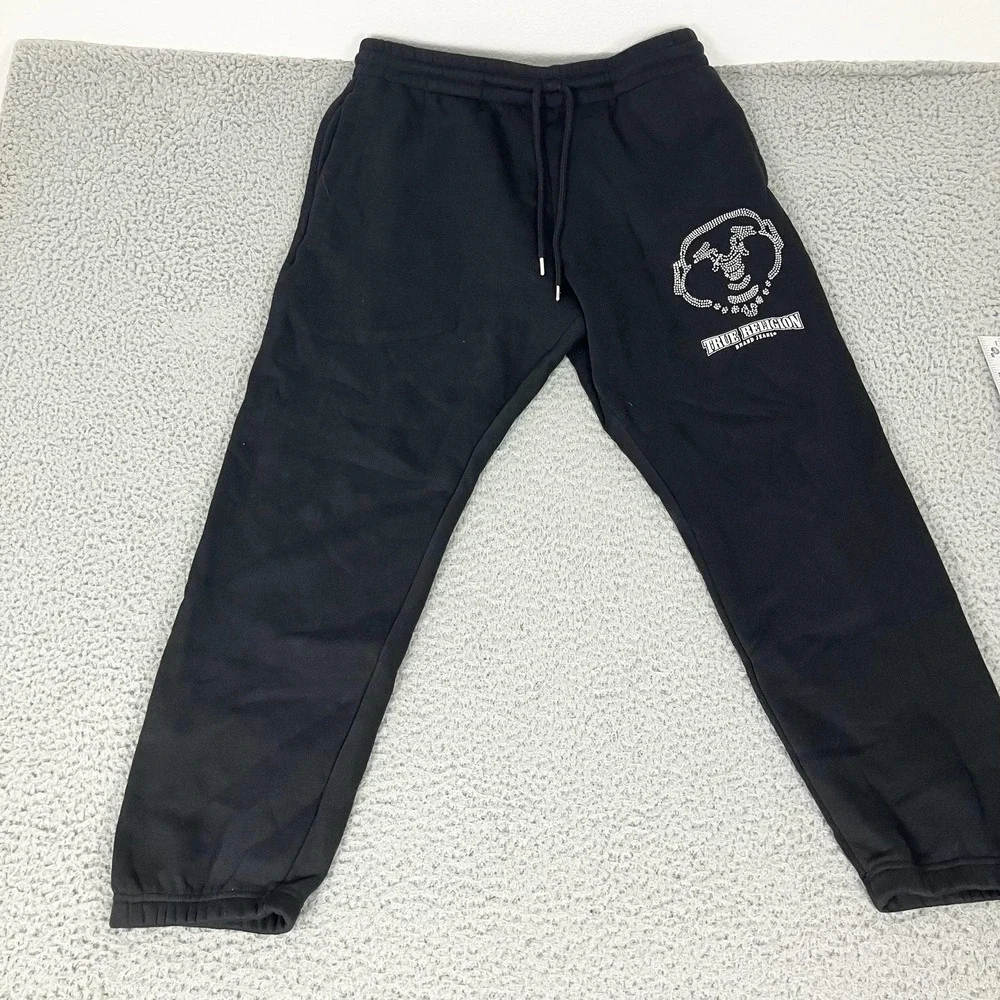 True Religion Jogger Pants Mens Medium Black Fleece Rhinestone Logo Sweatpants